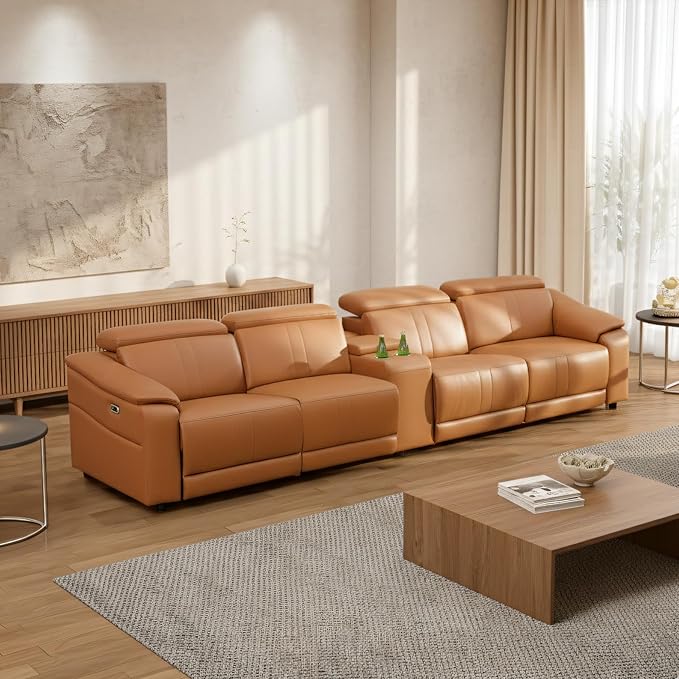 Breathing Leather Recliner Sectional Sofa, Reclining Sectional Couch with Adjustable Headrest&Storage Console, L Shaped Couch with Dual Recliner for Living Room (Four Seater Sofa+Console)