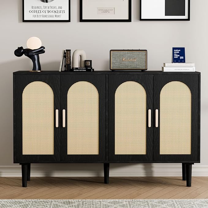 Sideboard Buffet Cabinet with Storage, Retro Rattan Storage Cabinet Kitchen Sideboard Buffet with Artistic Carved Handle for Dining Room Living Room, (Black&Oak)