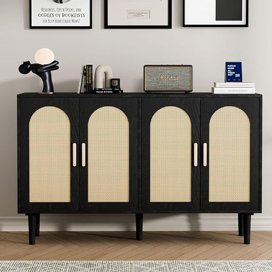 Sideboard Buffet Cabinet with Storage, Retro Rattan Storage Cabinet Kitchen Sideboard Buffet with Artistic Carved Handle for Dining Room Living Room, (Black&Oak)