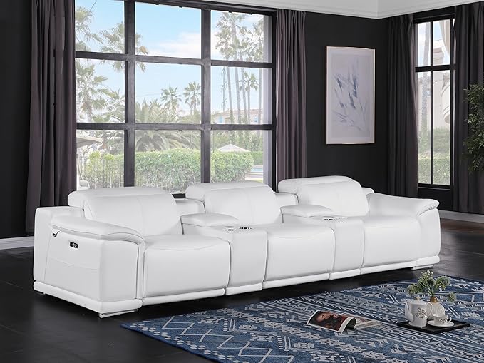 BlackJack Furniture Venice Top Grain Italian Leather Power Recline 5 Piece Sofa - 134" Theater Seating Modern Couch for Living Room Apartment Lounge Home with Adjustable Headrests & USB Port, White
