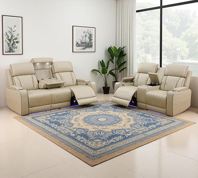 2PCS Living Room Furniture Sets, Beige Power Reclining Sofa Set with Cup Holders, Breathing Leather Recliner Sectional Sofa Set with Storage Console and Drop-Down Table Reclining Couches