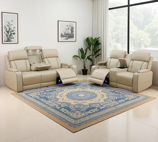 2PCS Living Room Furniture Sets, Beige Power Reclining Sofa Set with Cup Holders, Breathing Leather Recliner Sectional Sofa Set with Storage Console and Drop-Down Table Reclining Couches