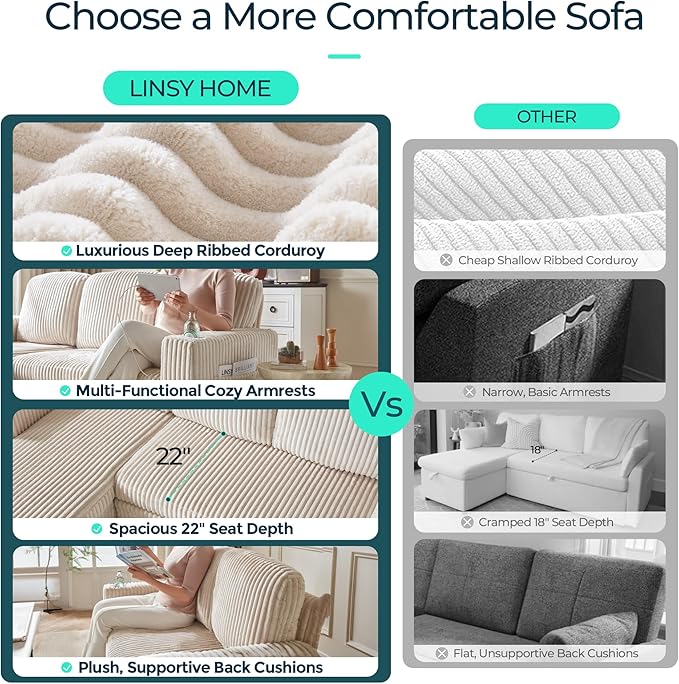 LINSY HOME Sectional Sofa with Pull Out Bed, 5 Seats Corduroy Reversible Sleeper Sofa with Storage Seats, USB Ports, Cup Holders, Side Pocket, Sectional Couches for Living Room | Soft corduroy fabric, Contouring foam, Sturdy frame