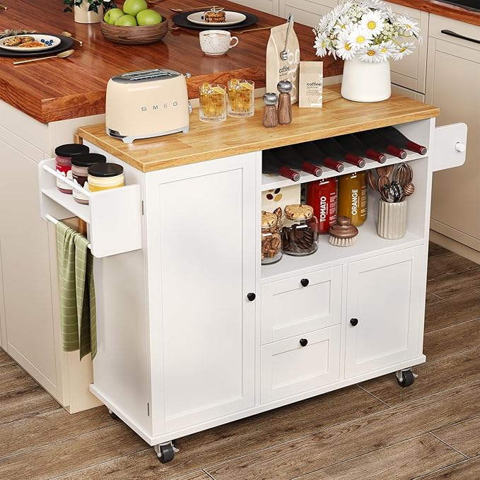 Rolling Kitchen Island with Storage Cabinet, 41.3'' Width Kitchen Cart with Desktop Drop Leaf Countertop, Portable Mobile Island with Towel Rack, Spice Rack Shelf, White