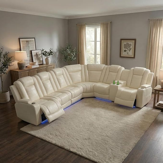 Power Recliner Sectional Sofa, Off-White Breathing Leather L-Shaped Corner Couch with LED Lights, USB/Type-C, Wireless Charging, Cup Holders & Storage Console for Living Room Theater