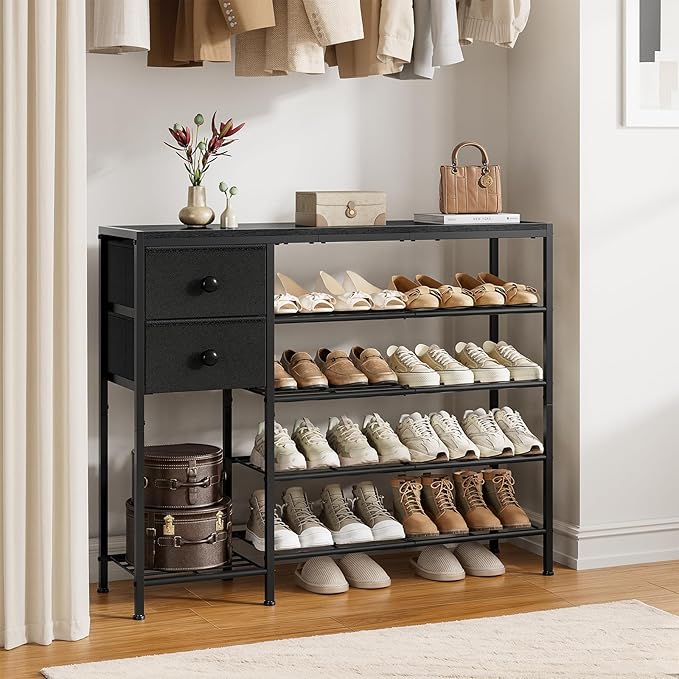 5-Tier Shoe Rack with 2 Fabric Drawers, Metal Frame and Wooden Board Shoe Organizer for 16-20 Pairs of Shoes, Shoe Shelf with Boots Storage for Entryway Closet Black