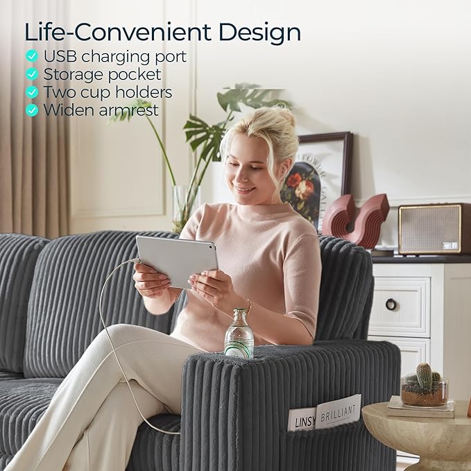 LINSY HOME Sectional Sleeper Sofa Pull Out Couches for Living Room (Grey, Sleeper Sofa 4) | Pull Out Sofa Bed, Storage, USB Charging, Cup Holders, Plush Corduroy | Pull Out Sofa Bed, Storage, USB Charging, Cup Holders, Plush Corduroy