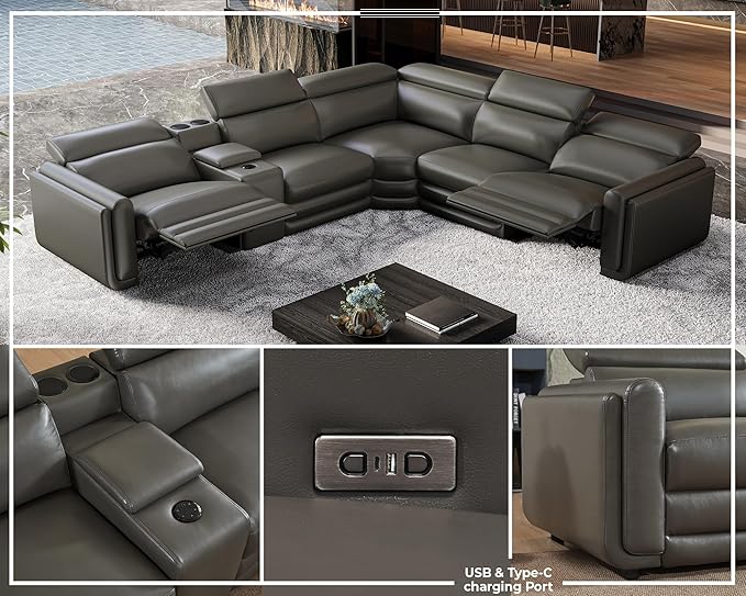 Jocisland Dual Power Recliner, Oversized 5-Seater Sofa with Console, 3 Bluetooth Speakers & Hidden Storage, Modern L Shaped Reclining Couch with 6 Charging Ports - Dark Gray Leathaire