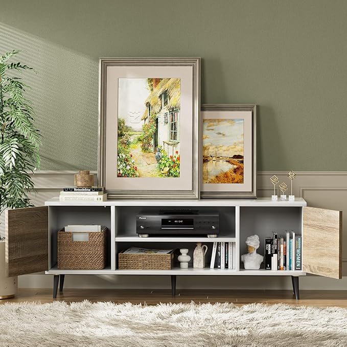 YESHOMY Modern TV Stand for 65" Television, Entertainment Center with Two Storage Cabinets and Open Shelves, Retro Style Media Console for Living Room, Bedroom, Office, 58 Inch, Light Beige