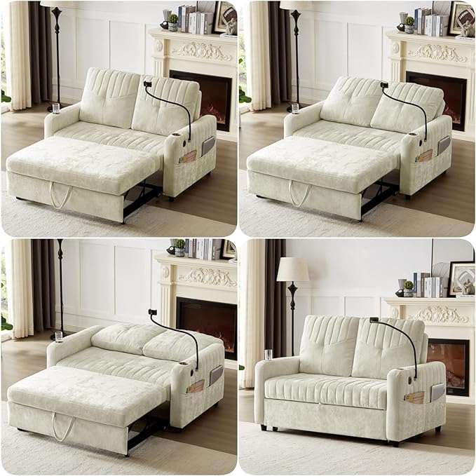 Merax Chenille 3-in-1 Pull Out Sleeper Sofa Bed Couch, 54" Convertible Futon Loveseat with Adjustable Backrest, 2 Cup Holders, Phone Stand, 3 Charging Ports and Storage Pockets for Living Room, Beige