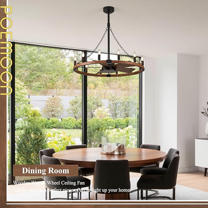 36in Wooden Wagon Wheel Chandelier Fans with Remote Control 12-Light Rustic Ceiling Fan Lights Farmhouse Bladeless Fandelier for Bedroom Dining Room Kitchen Living Room