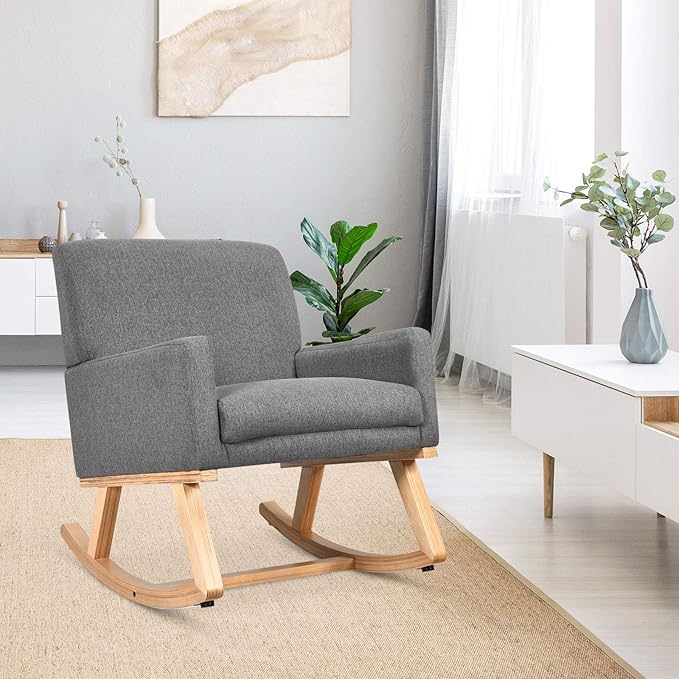 Giantex Upholstered Rocking Chair with Fabric Padded Seat and Solid Wood Base, Comfortable Rocker for Living Room, Bedroom, Study Room, Office Rocking Armchair (Gray)