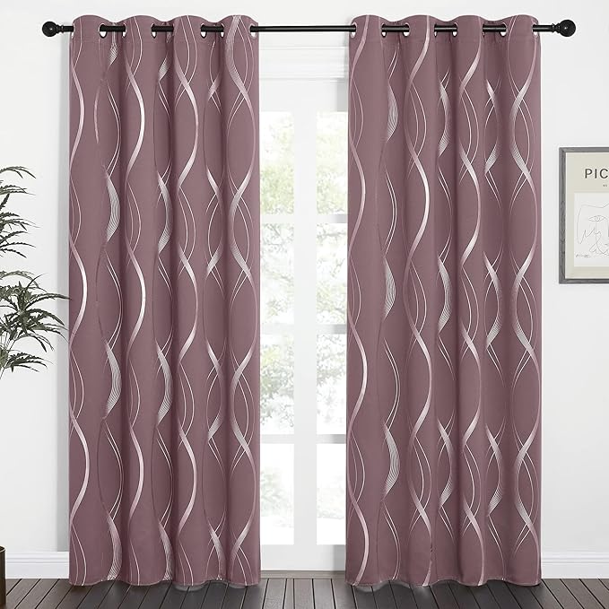 NICETOWN Dry Rose Blackout Curtain Panels 84 for Living Room and Bedroom 2 Panels, 52 x 84, Noise Reducing Thermal Insulated Wave Line Foil Print Design Window Treatments for Patio Sliding Glass Door