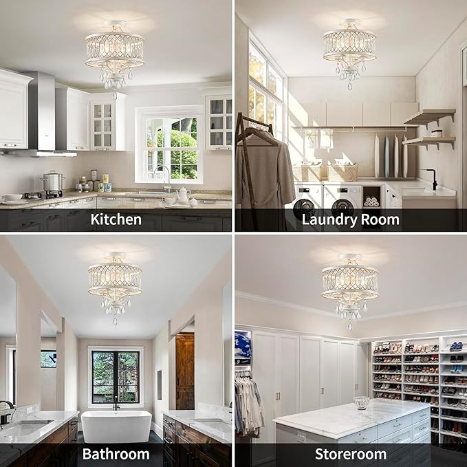 Crystal Ceiling Light Fixture, Modern Semi Flush Mount Ceiling Light, Farmhouse Crystal Chandeliers for Dining Room Light Fixture, Hallway Lighting Fixtures for Kitchen Bedroom Bathroom Foyer Entryway