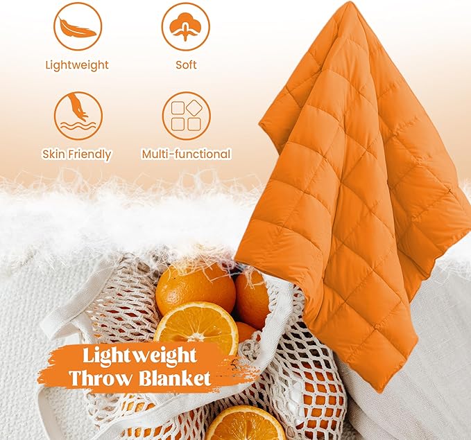 puredown® Soft Feather Down Throw Blanket Lightweight Packable Couch Throw for Indoor and Outdoor Use,Throw 50"X70", Orange