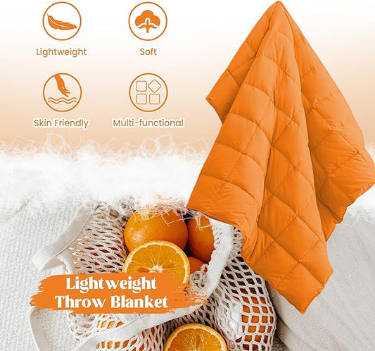 puredown® Soft Feather Down Throw Blanket Lightweight Packable Couch Throw for Indoor and Outdoor Use,Throw 50"X70", Orange