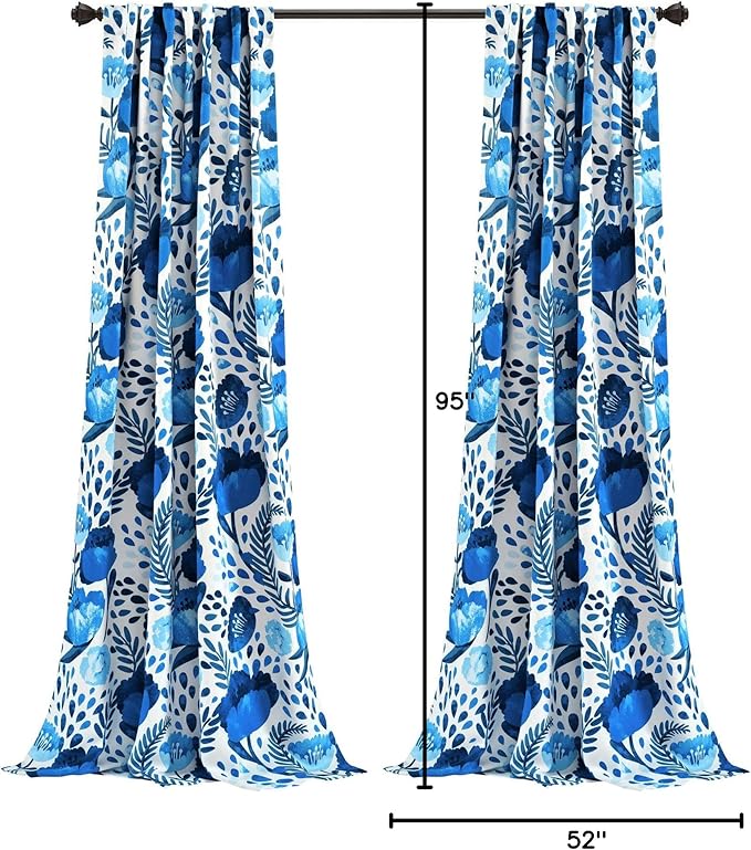 Lush Decor, Blue Poppy Garden Curtains Light Filtering Window Panel Set for Living, Dining, Bedroom (Pair) 95” x 52"