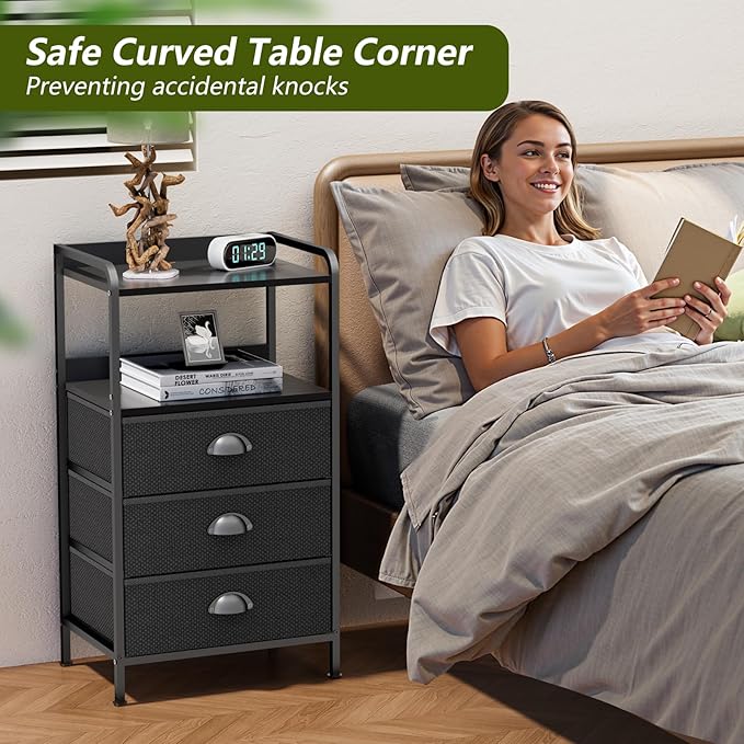 Night Stand with 3 Fabric Drawer and Sturdy Metal Frame, Modern Nightstand Lightweight & Durable -55LB Load Capacity, Wear-Resistant & Easy-Clean Surface, Black