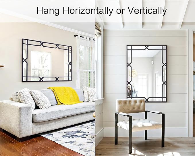 Chende Black Mirror for Wall, 24'' x 36'' Large Decorative Mirror with Metal Pipe Frame, Rectangular Wall Mirror for Living Room, Hang Vertically or Horizontally