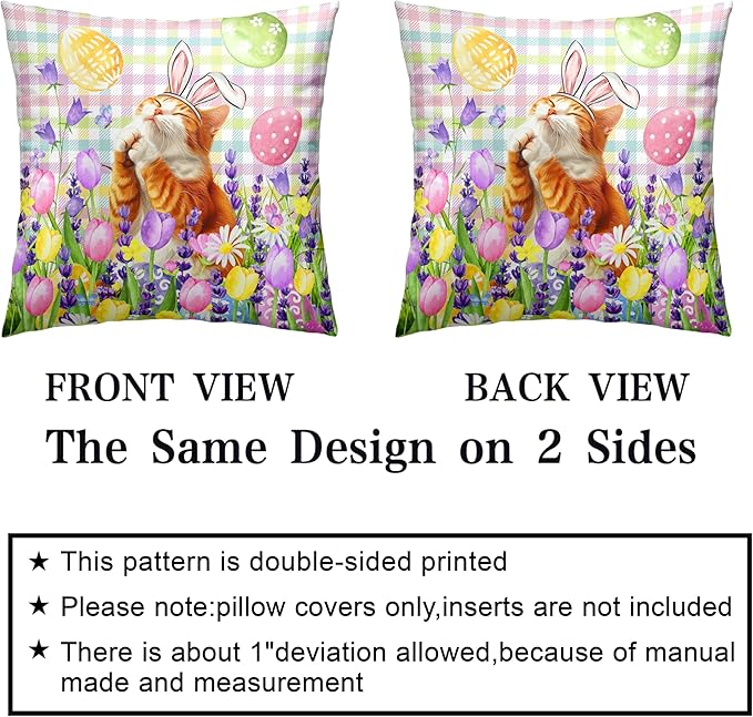 Spring Easter Pillow Covers 24x24 Set of 2 Lovely Cow Cat and Ginger Cat Wearing Bunny Ears Throw Pillow Covers Tulip Floral Pillow Case for Easter Decoration Sofa Patio Garden