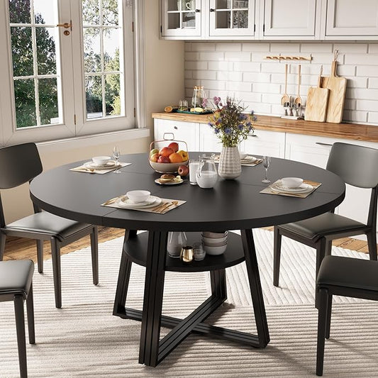 Garvee 47 in Inch Round Dining Table for 4, Farmhouse Dining Room Circle Dinner Table,Space Saving Wood Kitchen & Dining Room Furniture, Round Tables with Storage and Metal Square Legs, Black