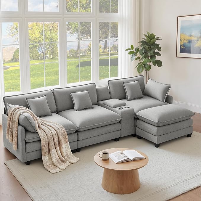 122" Oversized Modular Sectional Sofa with Storage Console,L-Shaped Cloud Couch with Movable Ottoman,Deep Seat,Thick Cushions, Multi Functional Console with USB & 2 Cup Holder,Sofa Set for Living Room | Wood Frame