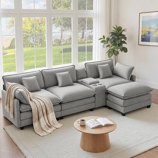 122" Oversized Modular Sectional Sofa with Storage Console,L-Shaped Cloud Couch with Movable Ottoman,Deep Seat,Thick Cushions, Multi Functional Console with USB & 2 Cup Holder,Sofa Set for Living Room | Wood Frame