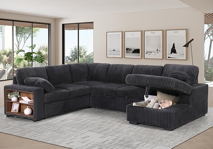 ERYE Oversized U-Shaped Pull Out Sleeper Couch Bed, Modern U Shaped Sleeper Sectional Sofa Corduroy Corner Convertible Sofa Bed with Storage Chaise Lounge and Cabinet