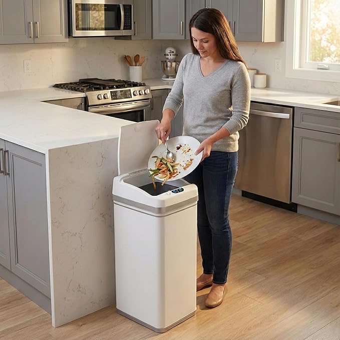 iTouchless 13 Gallon Motion Sensor Garbage Container with Odor Filter, 50L Touchless Stainless Steel Kitchen Bin, Smart Automatic Lid, Fingerprint-Proof, Pet-Safe Lock & Soft-Close, Brilliant White