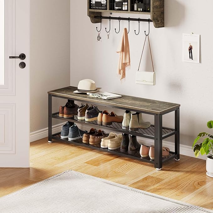 Rolanstar Shoe Bench, 3-Tier Shoe Rack, 28.7” Storage Entry Bench with Mesh Shelves Wood Seat, Rustic Foyer Bench for Hallway Front Door, Doorway, Living Room, Mudroom, Steel Frame, Gray