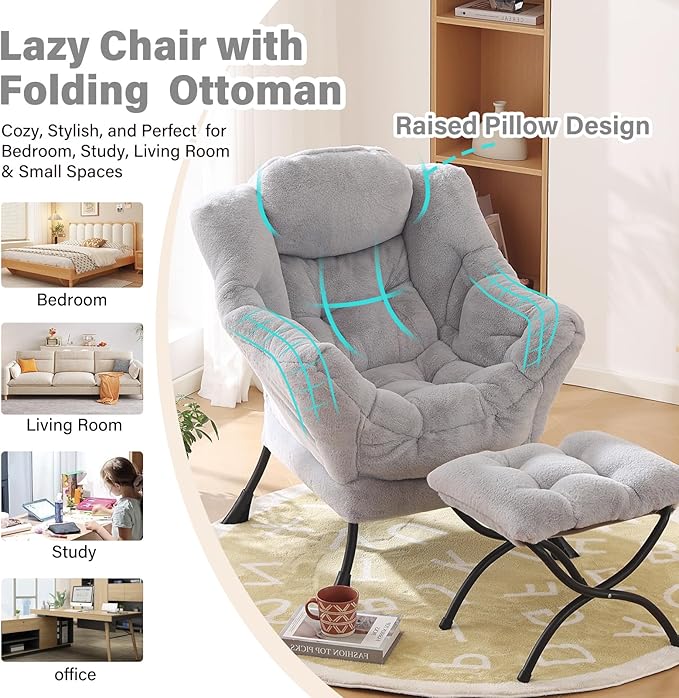 Lazy Chair with Ottoman, Modern Chair with Folding Footrest, Plush Grey Accent Chair, Comfortable Reading Chair, Oversized Armchairs for Bedroom, Study, Living Room, Courtyard