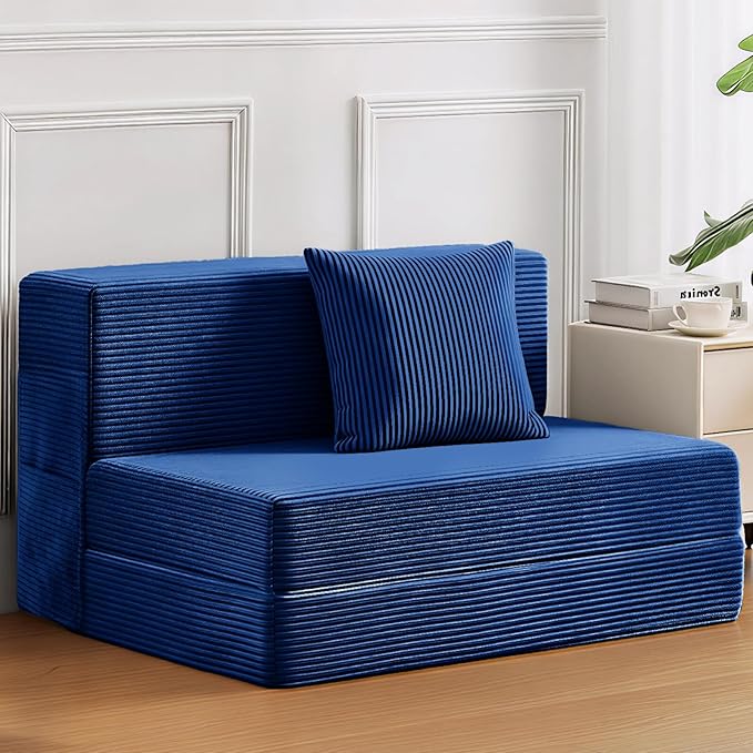 JKMAX Twin Size Folding Sofa Bed - 4 in 1 Convertible Sleeper Chair with Pillow - High Density Memory Foam Futon Couch - Foldable Bed for Living Room Bedroom (Blue)