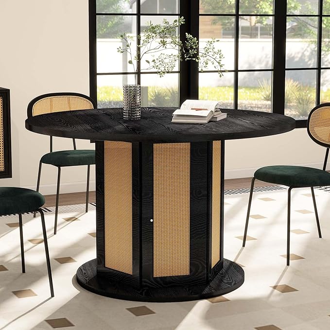 YITAHOME Round Dining Table for 4-6 People 47 Inch Circle Dining Table with Wooden Rattan Base Modern Farmhouse Kitchen Table Round for Dining Room Kitchen Apartment, Black