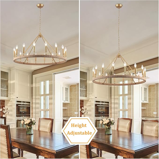 Rattan Wagon Wheel Chandelier 16 Light Farmhouse Chandeliers for High Ceilings Large Gold Pendant Light Fixtures for Dining Room Hemp Rope Around Wagon Wheel Light Fixture for Foyer,Living Room,E12