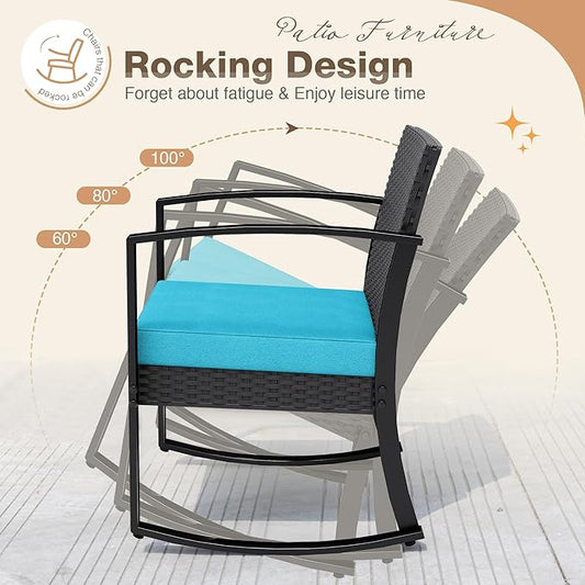Greesum 3 Piece Patio Furniture Set, All-Weather Imitation Rattan Conversation Set, Outdoor Rocking Chair Bistro Set with Glass Top Coffee Table for Pool, Deck, Porch, Garden or Balcony, Blue
