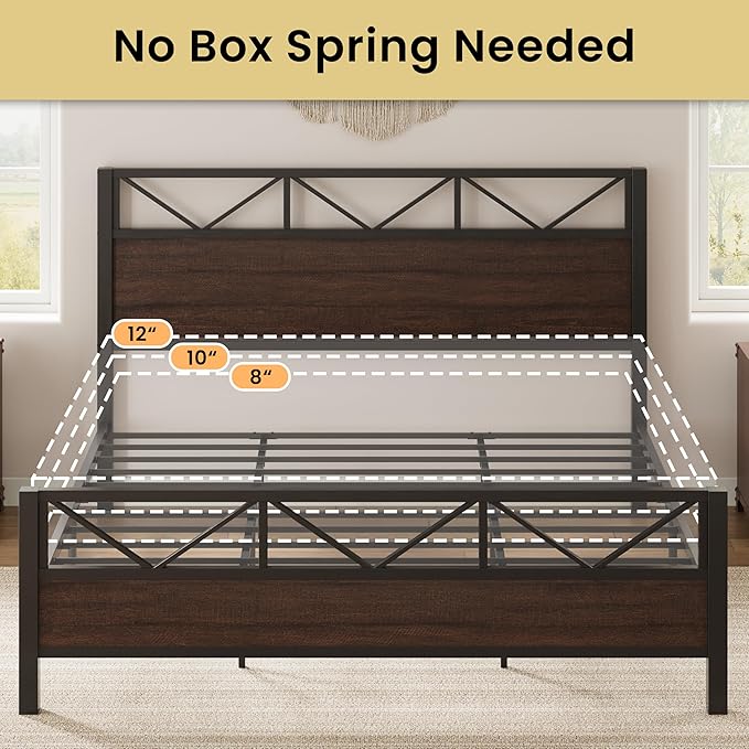 LIKIMIO California King Bed Frame, Tall Industrial Headboard 51.1 ", Platform Bed Frame with Strong Metal Support, Solid and Stable, Noise Free, No Box Spring Needed, Easy Assembly, Dark Brown