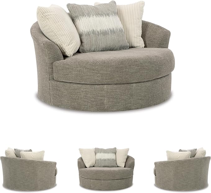 Signature Design by Ashley Creswell Transitional Round Upholstered Oversized Swivel Accent Chair, Gray