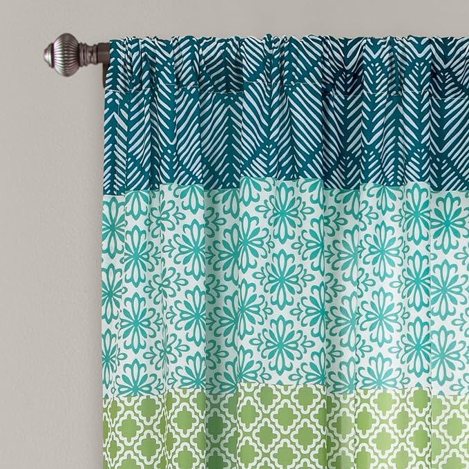 Lush Decor Bohemian Stripe Window Curtain Panels, Pair 52" W x 63" L Blue & Green - Light Filtering Curtains for Bedroom - Boho Curtains - Maximalist Decor