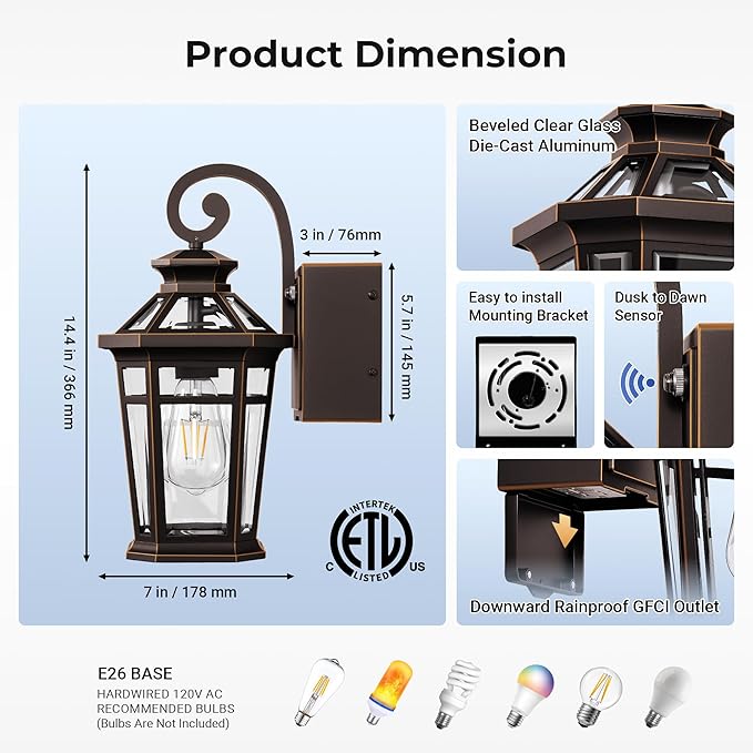 Outdoor Wall Light with GFCI Outlet, Oil Rubbed Bronze Dusk to Dawn Front Porch Light, Exterior Lighting Fixtures with Outlet, Outdoor Sconce Lights Wall Mount, Outside Lights for Patio, Garage