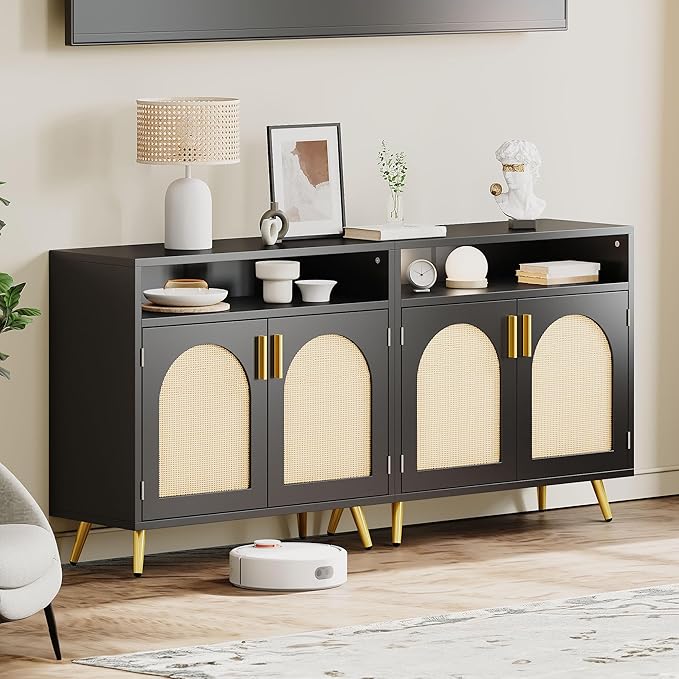 YITAHOME Buffet Cabinet with Storage, Storage Cabinet with Rattan Decor Doors and Adjustable Shelves for Hallway, Living Room, Black