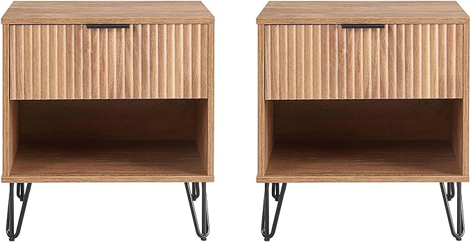 Manhattan Comfort Dumbo Modern Nightstand 1.0 with 1 Drawer and Metal Feet | Splayed Gold Legs | Vertical Ribbed Design | No Tool Assembly Storage for Bedroom & Living Room, Set of 2, Golden Brown