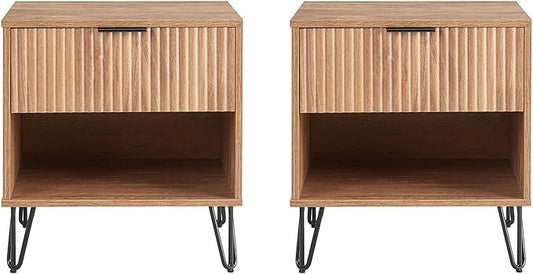 Manhattan Comfort Dumbo Modern Nightstand 1.0 with 1 Drawer and Metal Feet | Splayed Gold Legs | Vertical Ribbed Design | No Tool Assembly Storage for Bedroom & Living Room, Set of 2, Golden Brown