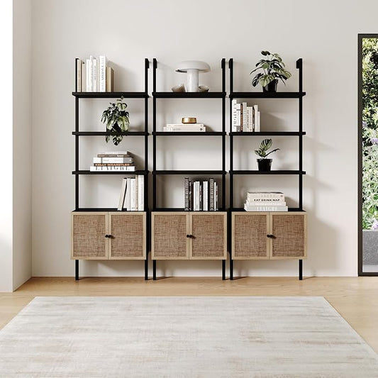 Nathan James Theo Modern Bookcase with Rattan Cabinet in Matte Black and Light Oak Finish with Matte Black Metal Frame for Living Room, Home Office Storage, Set of 3