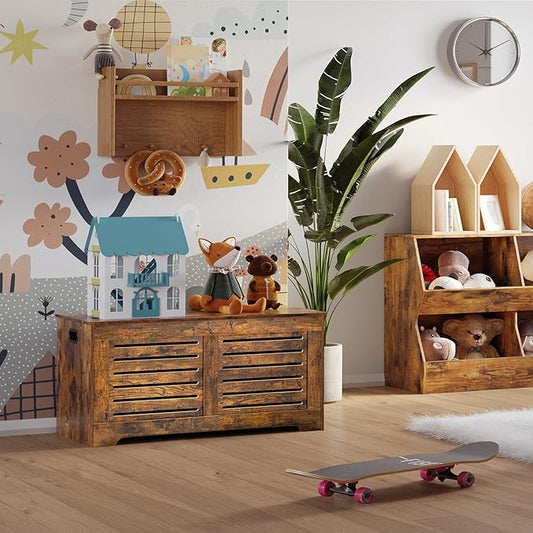 DINZI LVJ Storage Chest, 43.3” Wooden Toy Box with 2 Safety Hinges, Retro Entryway Shoe Storage Bench with Flip-Top, Sturdy Large Storage Trunk for Living Room, Bedroom, Easy Assembly, Rustic Brown