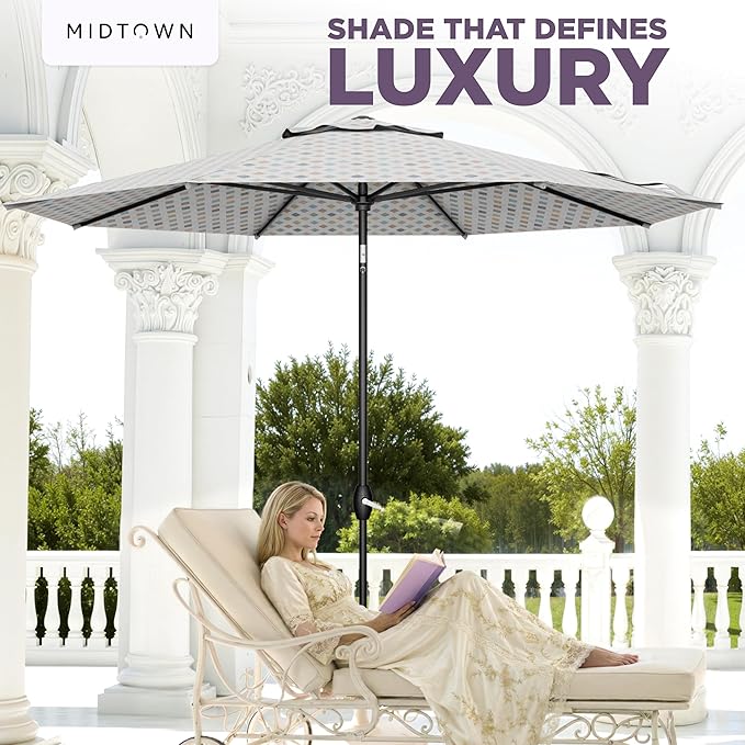 Midtown Umbrellas - The Lean 9 Ft Patio Umbrella with Fade-Resistant Sunbrella Fabric, Auto-Tilt Aluminum Frame and 8 Reinforced Ribs for Deck, Pool & Garden - Infused Gem Canopy, Black Pole
