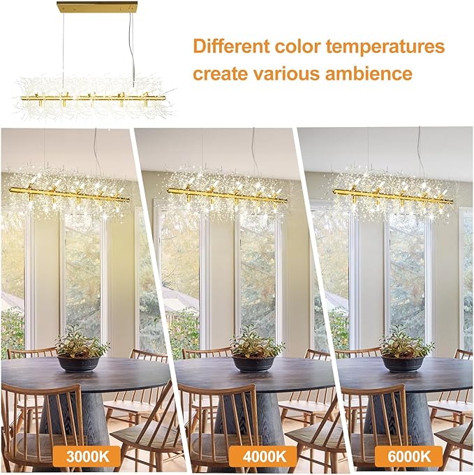 Depuley 47.2" Modern Gold Crystal Firework Chandelier, 15-Light Crystal Light Fixture Hanging, Linear Dandelion Chandelier, Sputnik Ceiling Pendant Light Fixtures for Dining Room(G9 Bulbs Included)