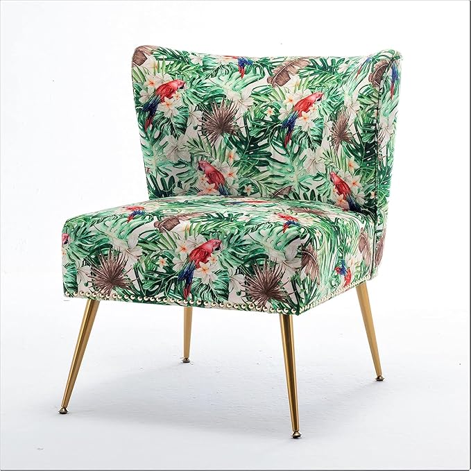 Thia Armless Accent Chair for Living Room, Elegant Seat with Nailhead Trim, Gold Metal Legs and Comfortable Curved Back, 28" D x 25" W x 29.5" H, 06 Floral Print