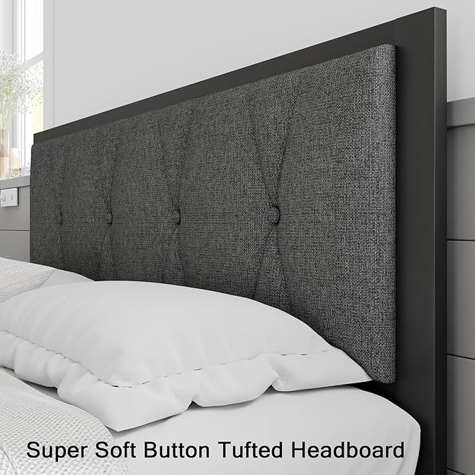 Full Size Metal Bed Frame, Platform Bed with Upholstered Button Tufted Headboard, 12" Underbed Storage, Steel Slats Support, No Box Spring Needed, Easy Assembly, Noise-Free, Dark Grey