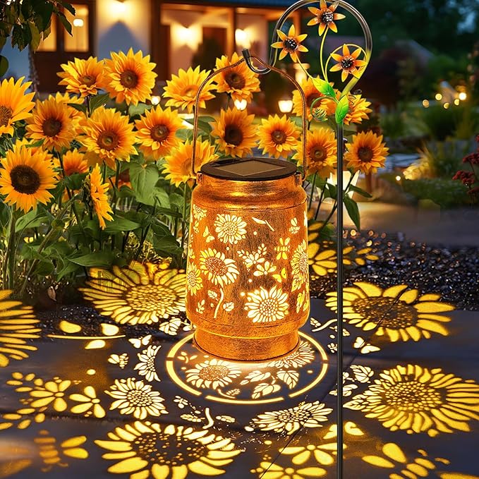 Sunflower Solar Lanterns Outdoor Waterproof, Gifts for Women Mom Grandma Birthday, Metal Hanging Lantern Solar Lights LED Decoration with Shepherd Hook Outside for Yard, Patio, Porch, Garden Decor