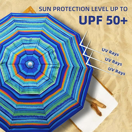 AMMSUN 8 Feet Large Beach Umbrella with Sand Anchor Heavy Duty High Wind Portable Outdoor Umbrellas UV 50+ Protection Air Vent Tilt Patio Garden Pool